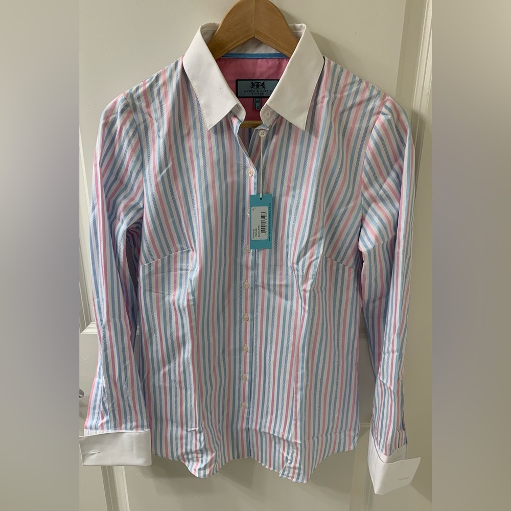 Hawes and Curtis NWT Women's Blue & Pink Stripe Fitted Shirt Double Cuffs size10
